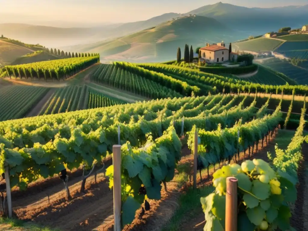 Un viñedo italiano al atardecer, con redes de uvas y terroir único