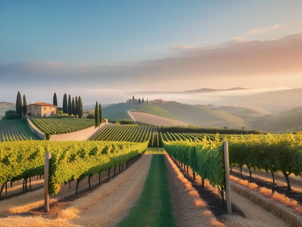 Viñedo italiano al atardecer con sommeliers disfrutando de vinos italianos en taller avanzado certificación