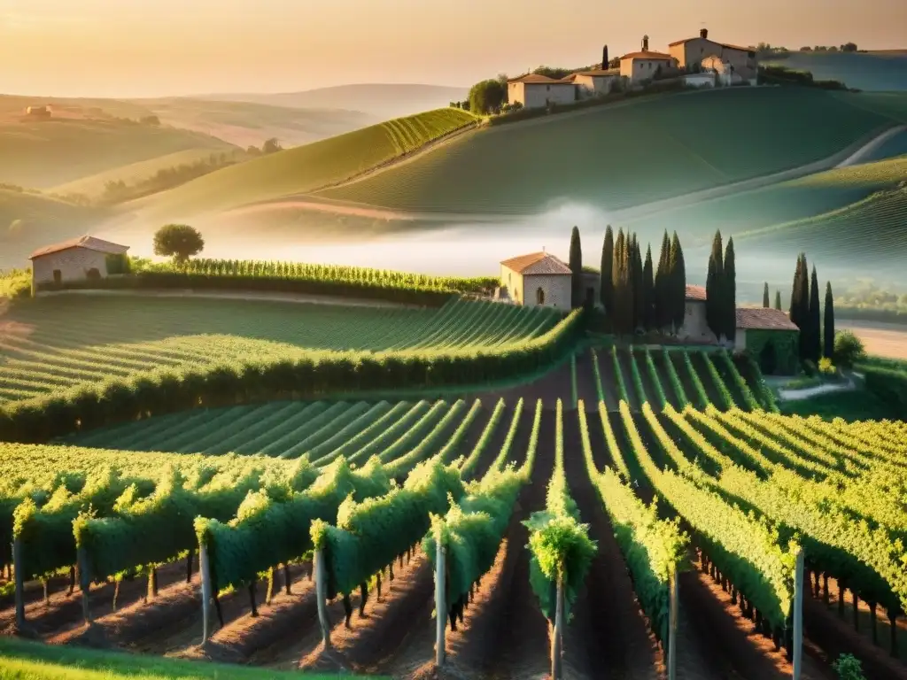 Viñedo italiano al atardecer, con trabajadores cosechando uvas