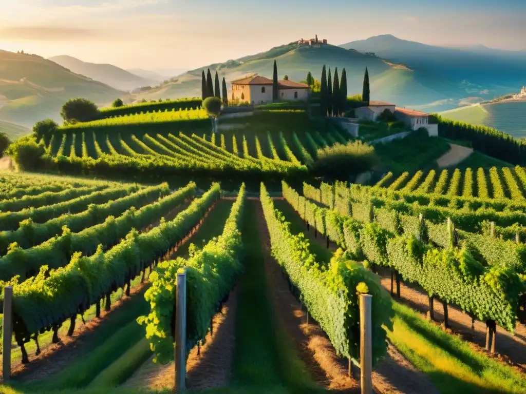 Viñedo italiano al atardecer, con uvas maduras y colinas doradas