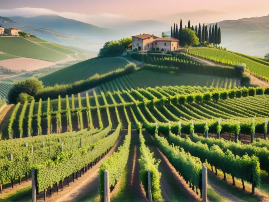 Viñedo italiano al atardecer con uvas, olivos y granjas rústicas