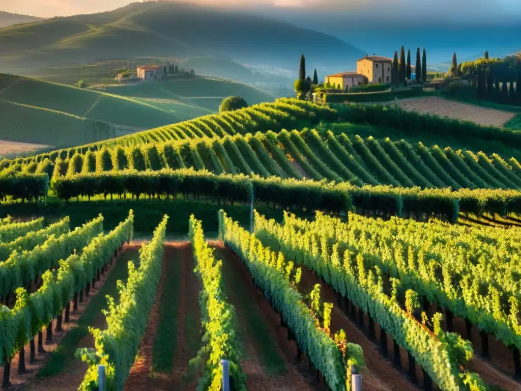 Viñedo italiano al atardecer, con variedades autóctonas vinos tradicionales Italia, bañado por luz dorada