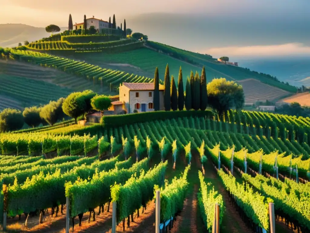 Un viñedo italiano al atardecer con vides exuberantes y una villa de piedra, ideal para maridajes perfectos vinos italianos