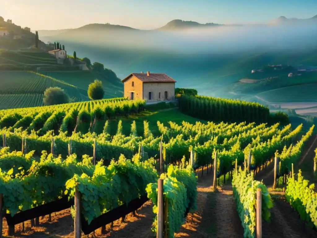 Viñedo italiano al atardecer, con vides verdes y casa de piedra, bañado en luz dorada