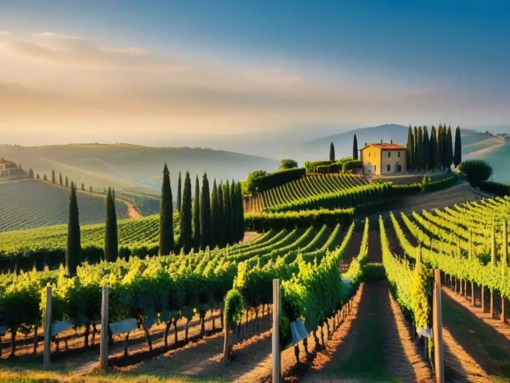 Viñedo italiano al atardecer, con viñas en filas y luz dorada