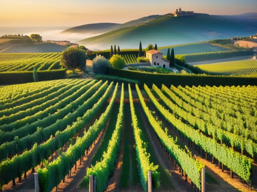 Viñedo italiano al atardecer, con viñedos verdes, casa de piedra y luz dorada