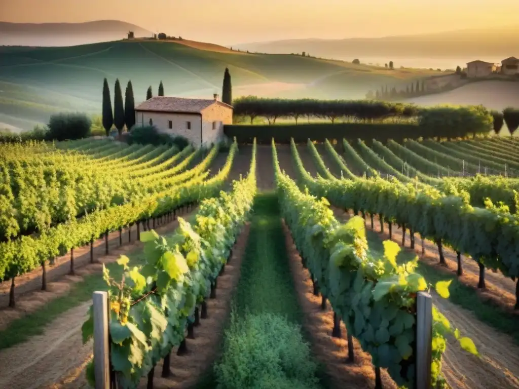 Viñedo italiano al atardecer, con viñedos verdes y una casa rural al fondo, bañado por una cálida luz dorada