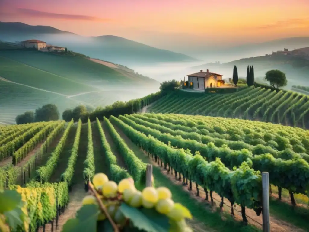 Viñedo italiano al atardecer con viñedos verdes y casa de piedra, ideal para maridaje vinos italianos platos modernos