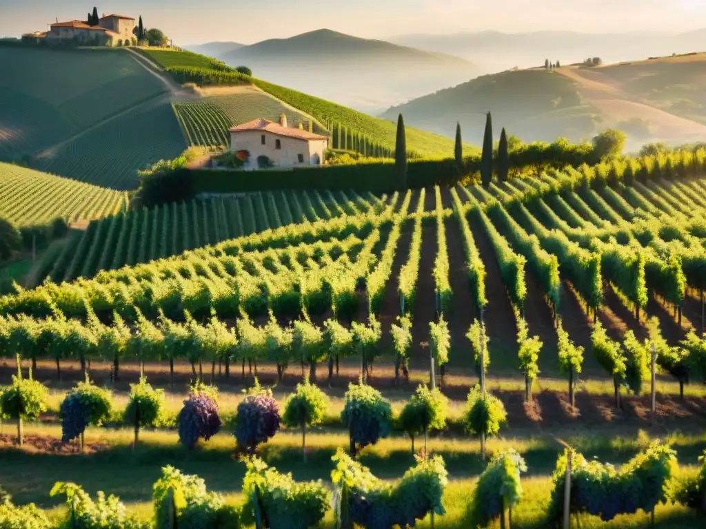 Un viñedo italiano bullicioso durante la vendimia, trabajadores recolectando uvas Sangiovese bajo el sol dorado