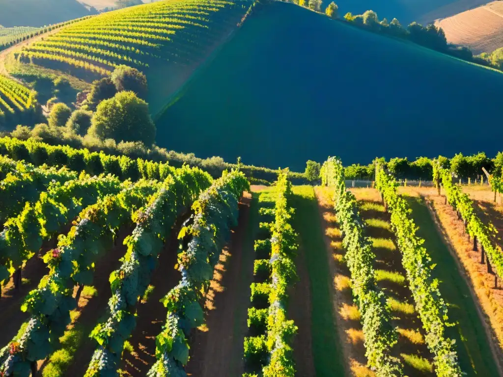 Un viñedo italiano exuberante con viñedos que se extienden hacia el horizonte bajo el cielo azul