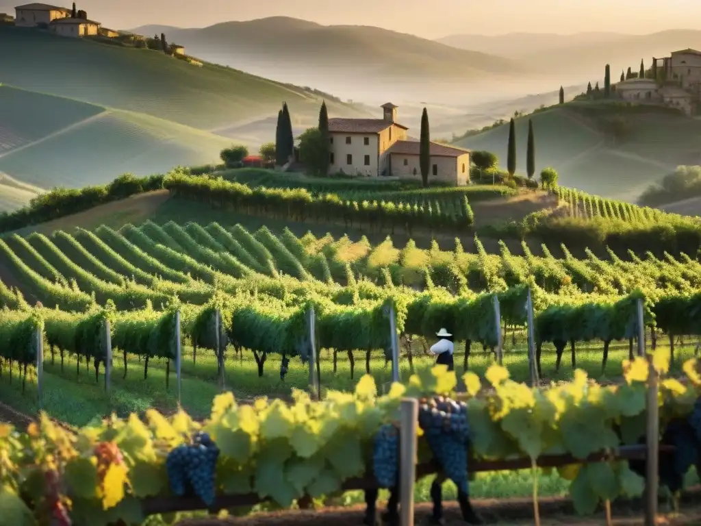 Un viñedo italiano al amanecer, con filas de uvas relucientes y trabajadores inspeccionando las cosechas, mostrando la tradición vinícola italiana