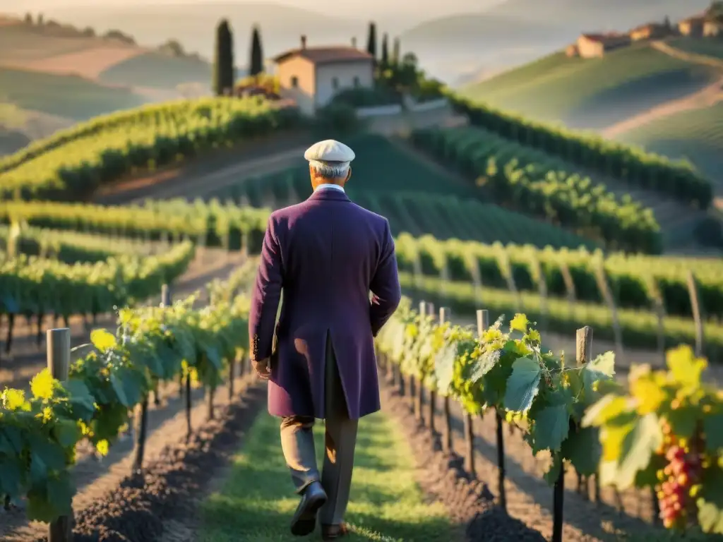 Un viñedo italiano al amanecer con filas de vides Sangiovese y un viticultor inspeccionando uvas moradas, evocando la certificación de vinos italianos