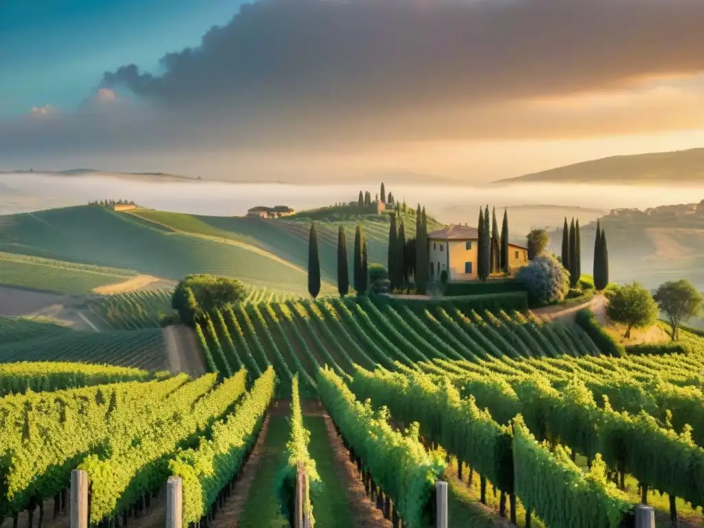 Un viñedo italiano en la región de Montefalco, con filas de viñedos de Sagrantino iluminados por el sol poniente