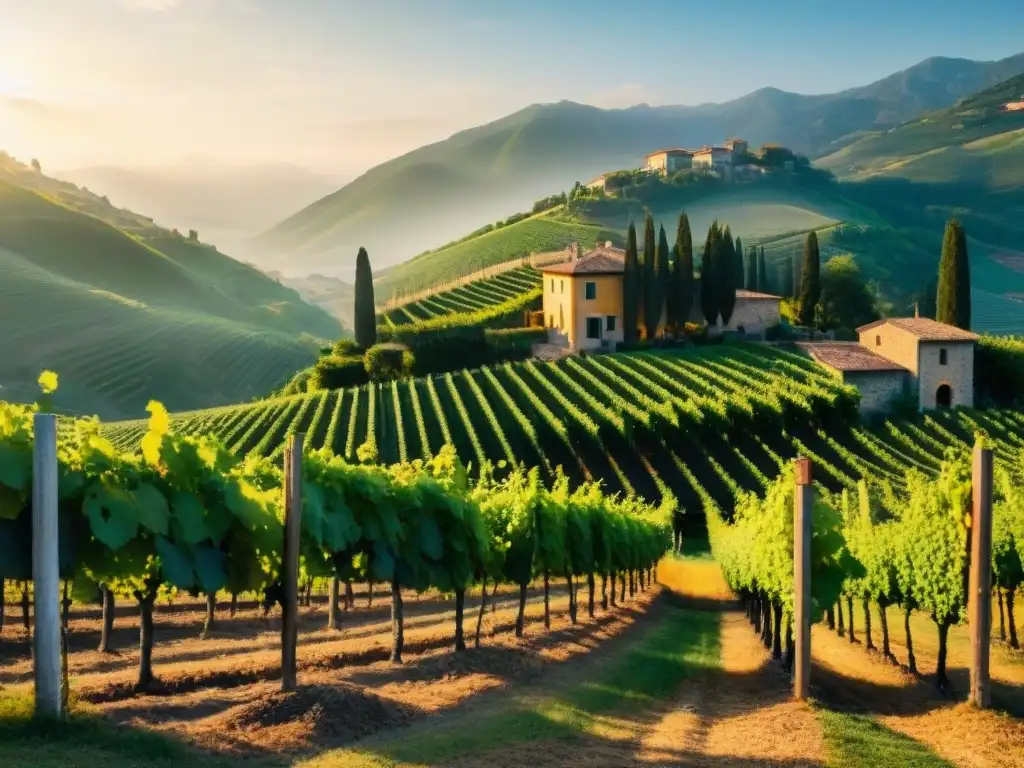 Viñedo italiano de lujo bañado por el sol, con trabajadores y villa rústica al fondo