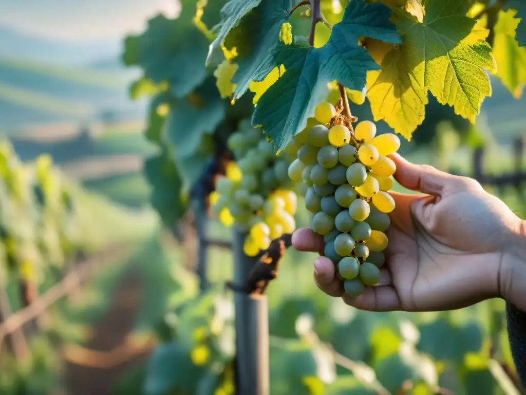 Un viñedo italiano con luz dorada filtrándose entre las vides, mostrando la conexión entre el agricultor y la tierra