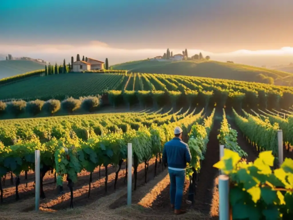 Un viñedo italiano moderno al atardecer, con viñedos exuberantes y equipo de vinificación sostenible