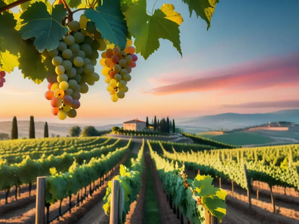 Un viñedo italiano pintoresco al atardecer con viñas exuberantes, bodega al fondo y cálido resplandor dorado