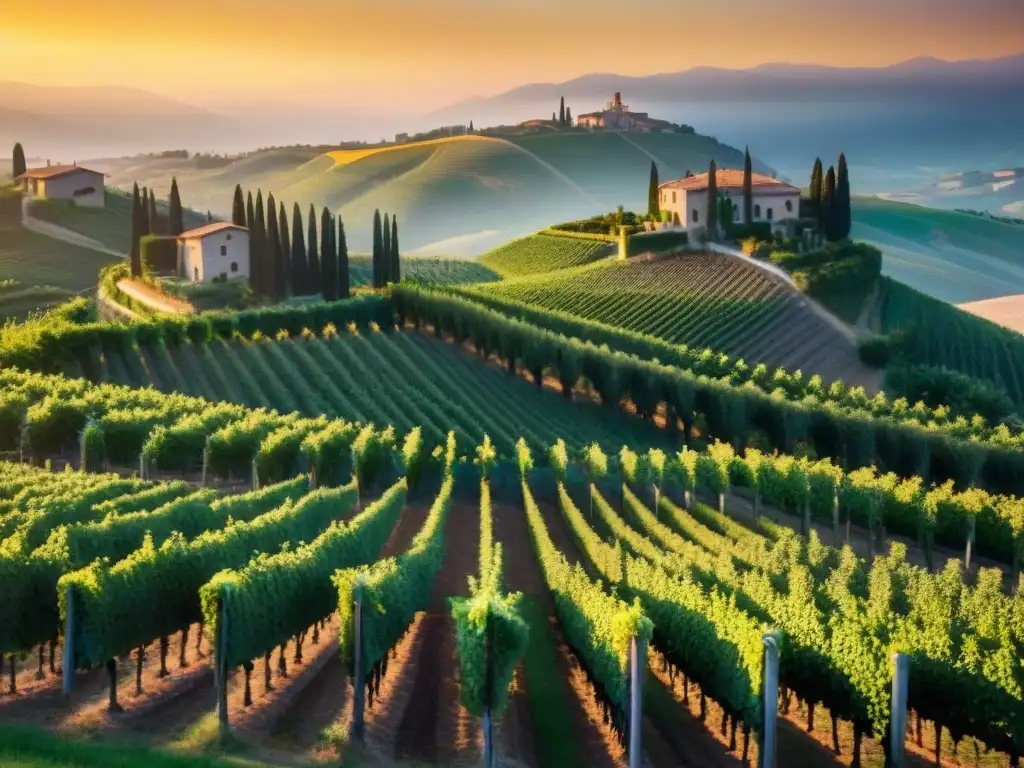 Un viñedo italiano pintoresco al atardecer, con filas de uvas, colinas y villas, evocando la tradición de vinos italianos