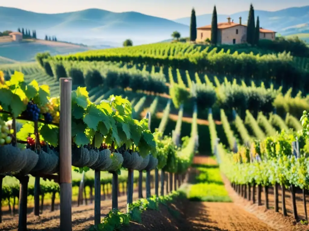 Viñedo italiano con uvas maduras en Toscana, iluminadas por el sol