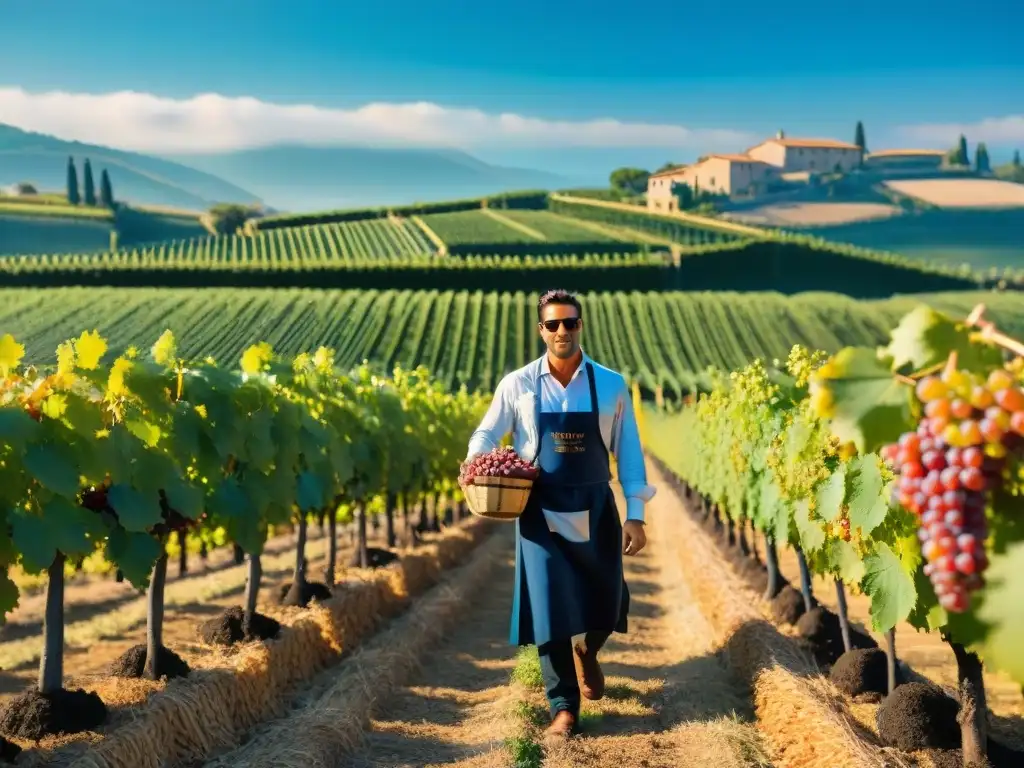 Viñedo italiano durante la vendimia, con viticultores cosechando uvas bajo cielo azul