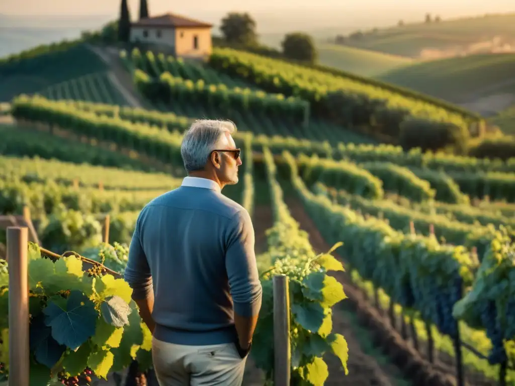 Viñedo tradicional italiano al amanecer con viticultores inspeccionando uvas