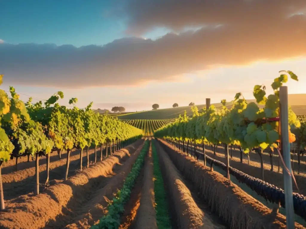 Un viñedo moderno al atardecer, donde avances tecnológicos en vinicultura se funden con tradiciones, bañados por la luz dorada del sol