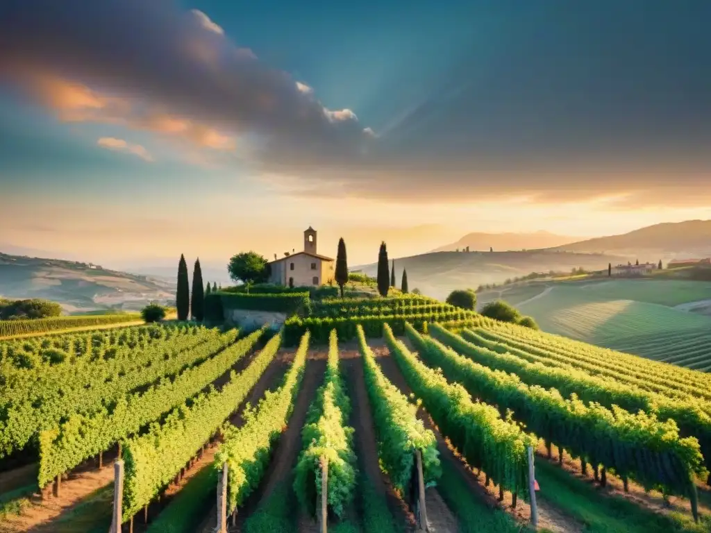 Un viñedo pintoresco al atardecer en Italia, transmitiendo la esencia del agroturismo en comunidades rurales italianas