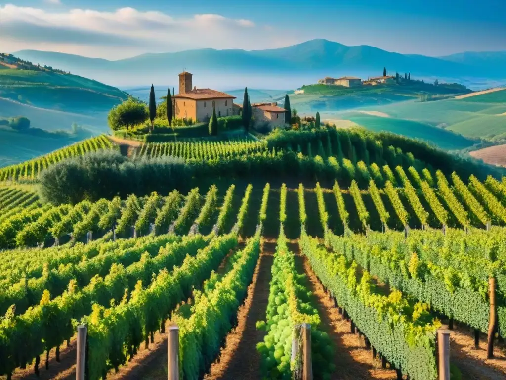 Un viñedo pintoresco en las colinas de la Toscana, Italia, destaca la producción de uvas Sangiovese para el vino Chianti Classico DOP