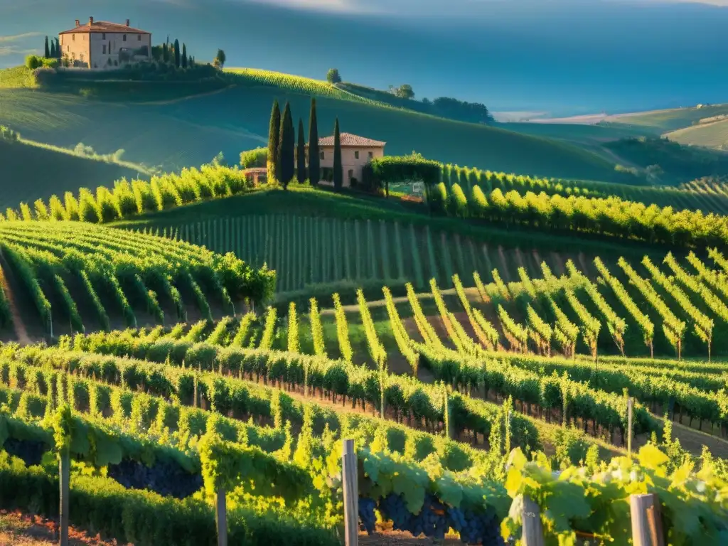 Un viñedo pintoresco en las colinas de la Toscana, Italia, con vides verdes bajo el sol poniente