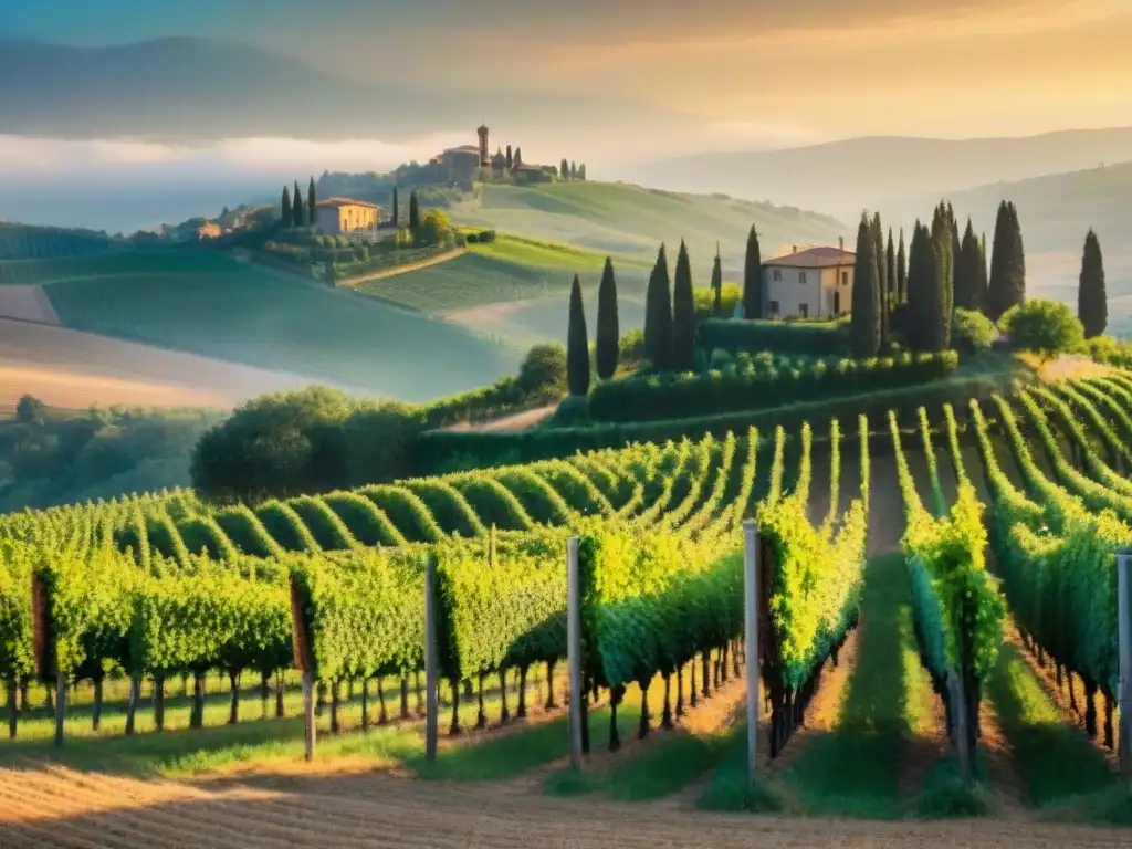 Viñedo pintoresco en las colinas de la Toscana, Italia, con viñedos bajo la luz dorada