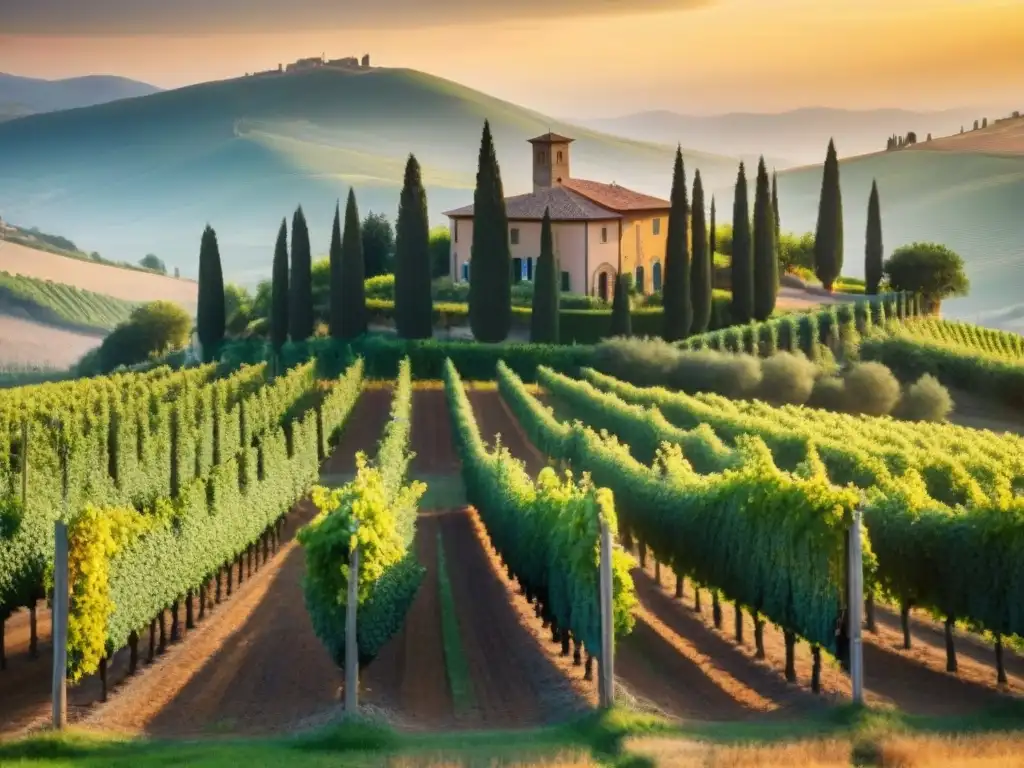 Un viñedo pintoresco en la Toscana al atardecer dorado