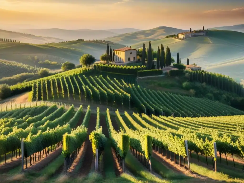 Viñedo pintoresco en la Toscana al atardecer, con filas de uvas verdes bañadas por la cálida luz dorada del sol