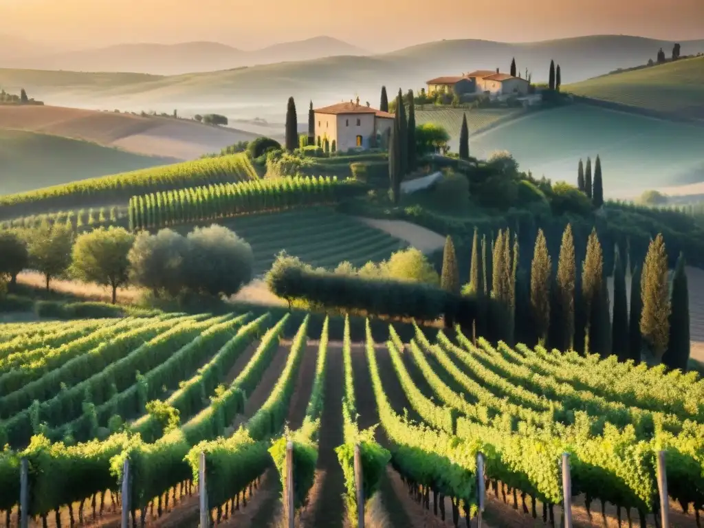 Un viñedo pintoresco en la Toscana al atardecer, con campesinos cosechando uvas