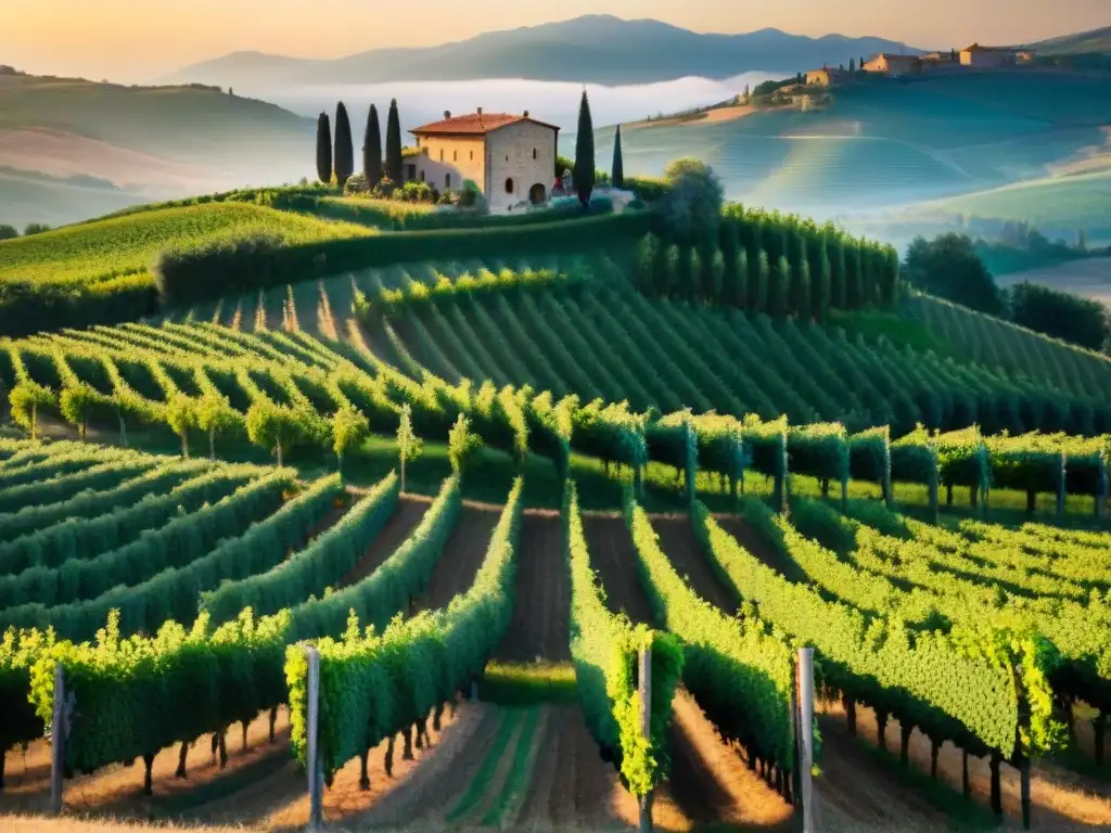 Viñedo pintoresco en la Toscana al atardecer, con uvas maduras y barril de vino, reflejando la tradición de elaboración vino italiano certificado