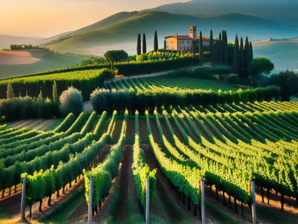 Viñedo pintoresco en la Toscana al atardecer con viñas verdes y sol dorado sobre colinas