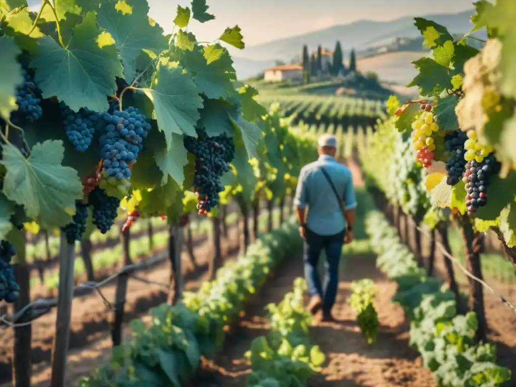 Viñedo pintoresco en Toscana con cosecha manual de uvas, reflejando la autenticidad de Productos DOP e IGP en Italia