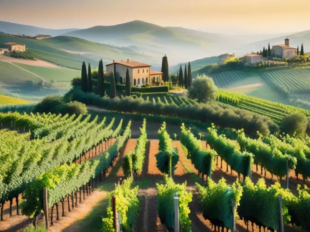 Viñedo de ensueño en la Toscana: uvas, sol y encanto rural Viñedo pintoresco en la Toscana, Italia, con filas de vides verdes iluminadas por el sol