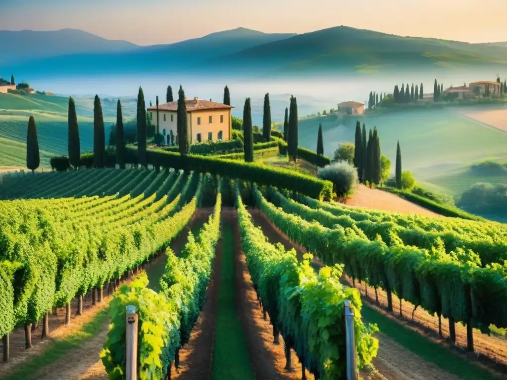 Viñedo pintoresco en la Toscana, Italia, con filas de uvas y villa de piedra, rodeado de colinas con cipreses