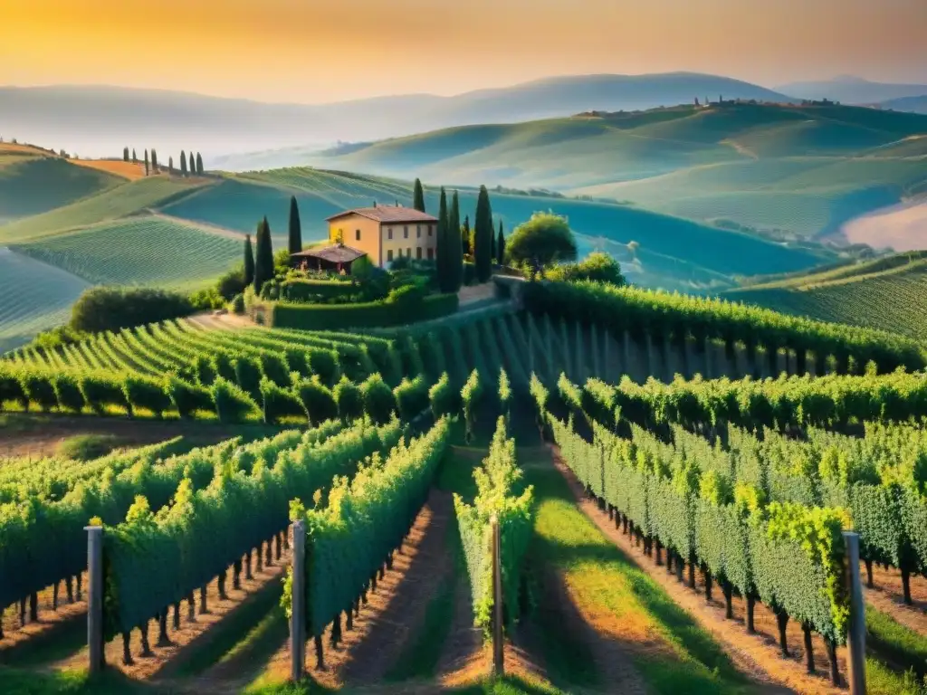 Un viñedo pintoresco en la Toscana, Italia, con hileras de verdes viñedos bajo el sol dorado