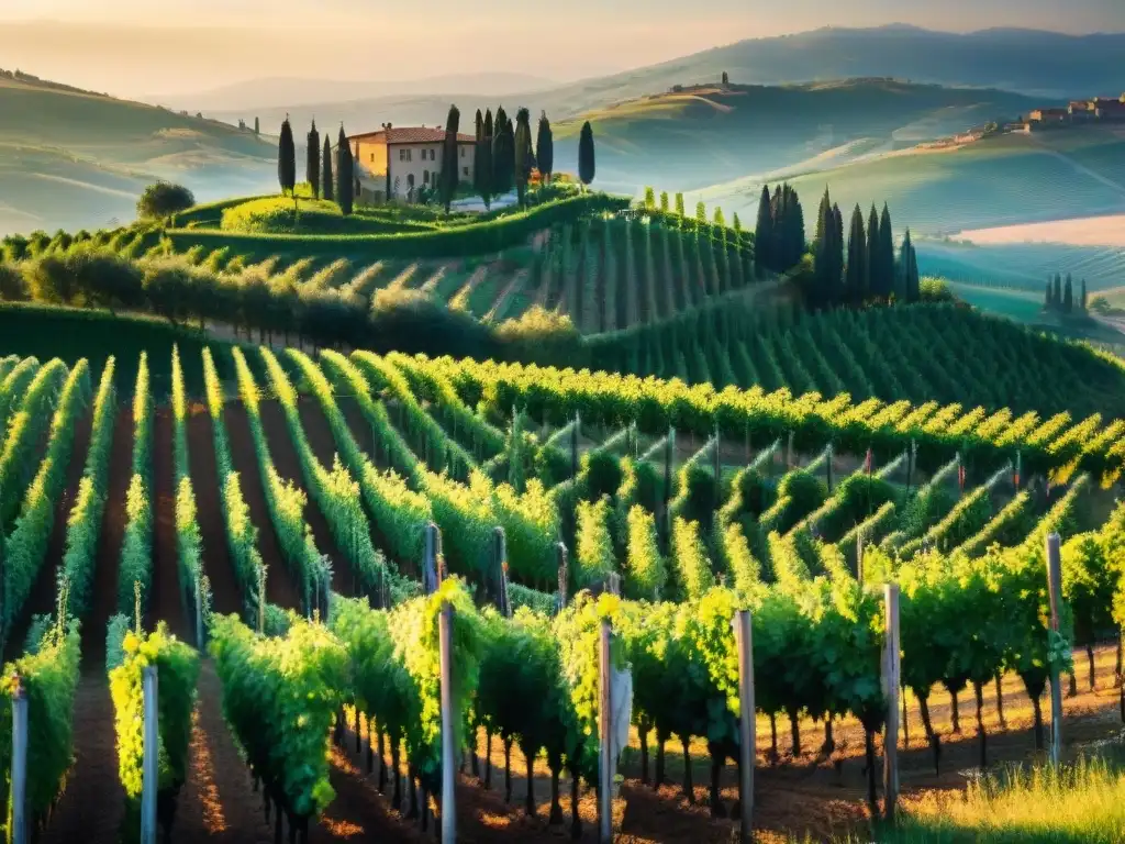 Un viñedo pintoresco en la Toscana, Italia, bañado por la luz dorada del sol