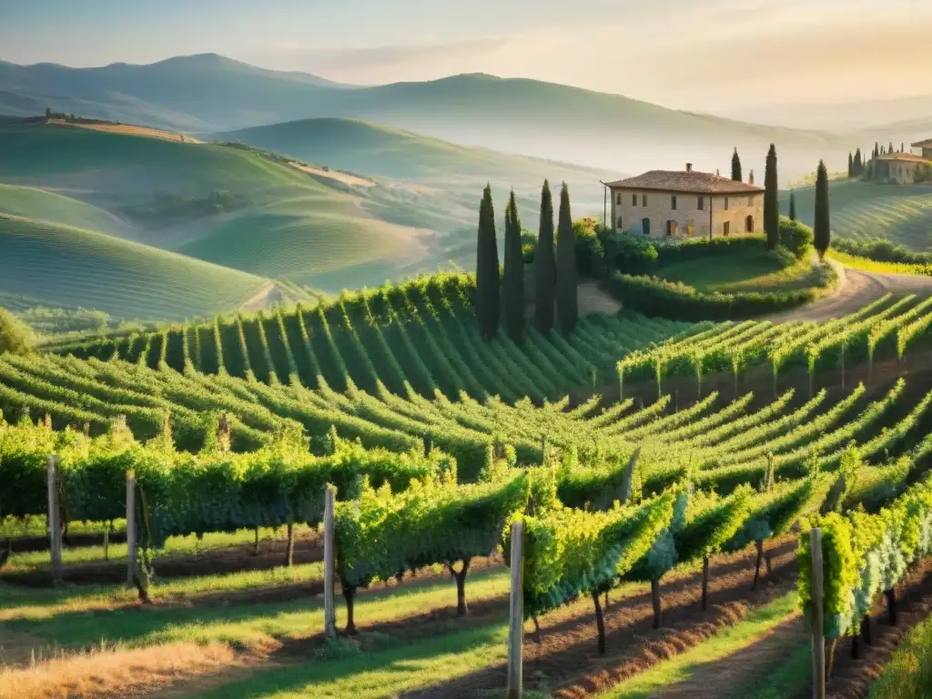 Un viñedo pintoresco en la Toscana, Italia, bañado por la luz dorada del sol, con colinas, cipreses y una granja al fondo