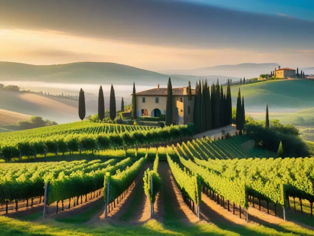 Un viñedo pintoresco en la Toscana, Italia, con viñedos verdes bajo la luz dorada, una villa antigua y una bodega