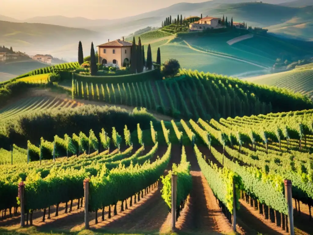 Viñedo sereno en la región de la Toscana, con viñedos exuberantes bajo la luz dorada y una villa italiana tradicional al fondo