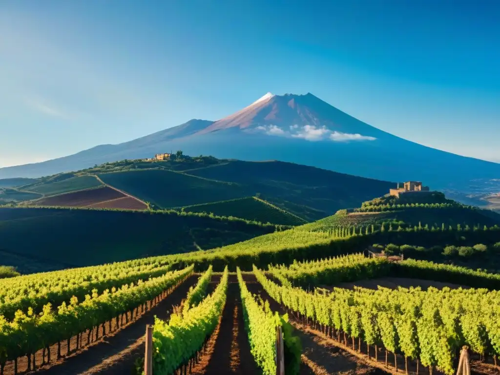 Un viñedo siciliano bañado por el sol, con un agricultor tradicional cuidando las vides y el majestuoso Monte Etna de fondo