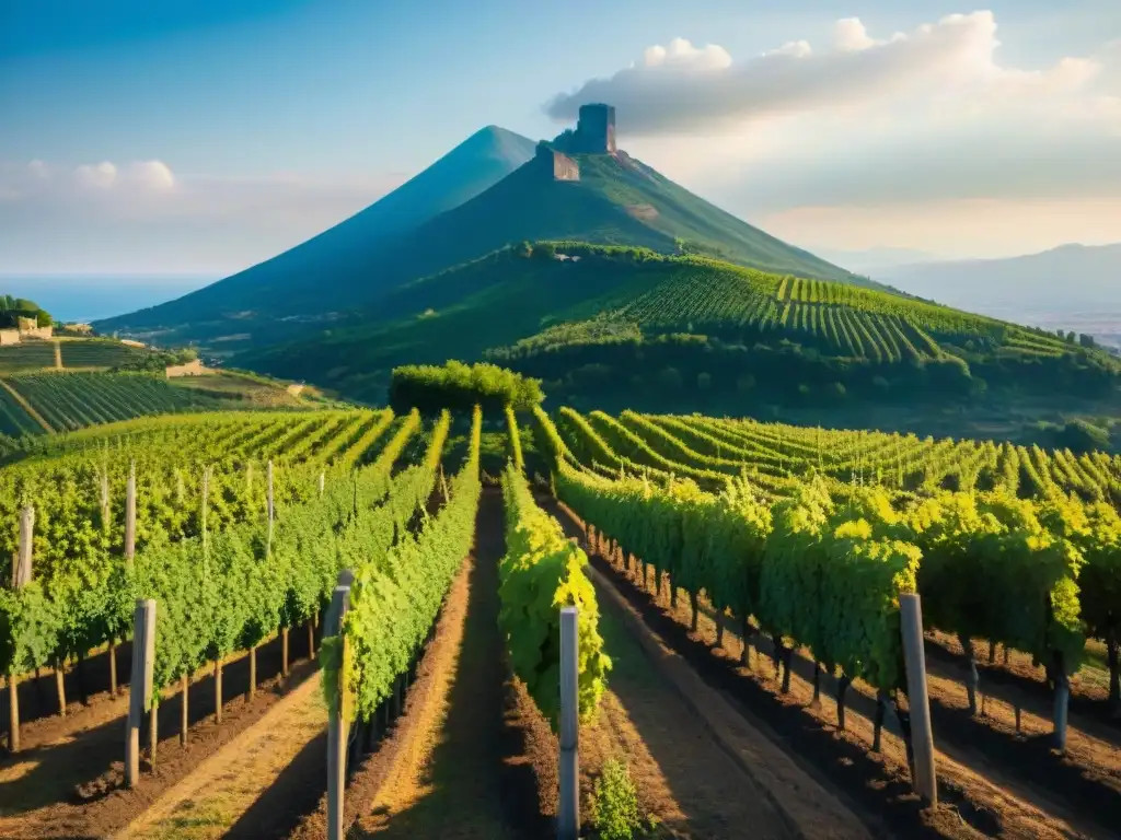 Un viñedo soleado en Campania con el Vesubio al fondo destaca los Maridajes Greco di Tufo innovadores