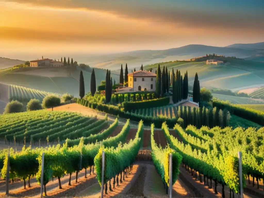 Un viñedo en la Toscana al atardecer, donde agricultores cosechan uvas Sangiovese