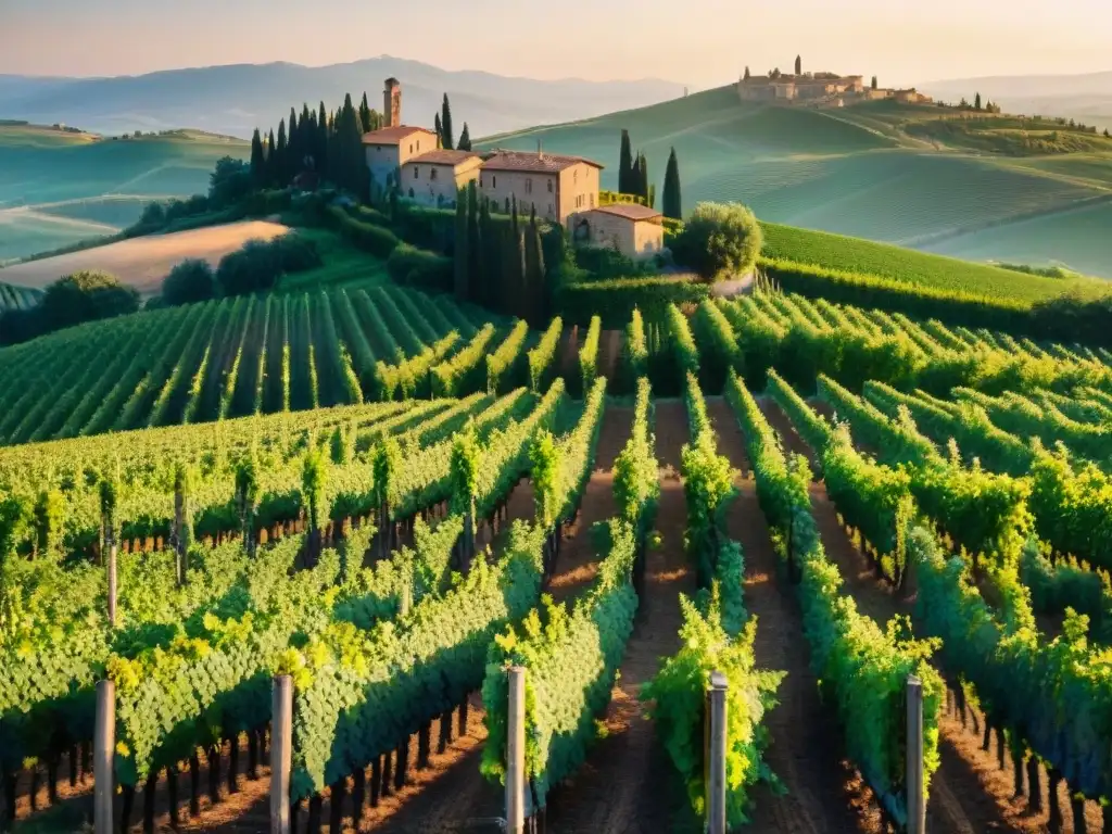 Viñedo en la Toscana al atardecer, con filas de viñas verdes bajo la cálida luz dorada