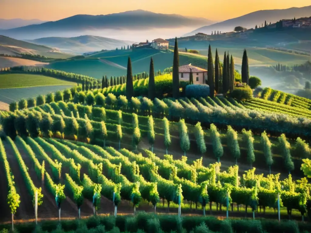 Viñedo en la Toscana al atardecer, con filas de uvas verdes bajo la luz dorada del sol poniente