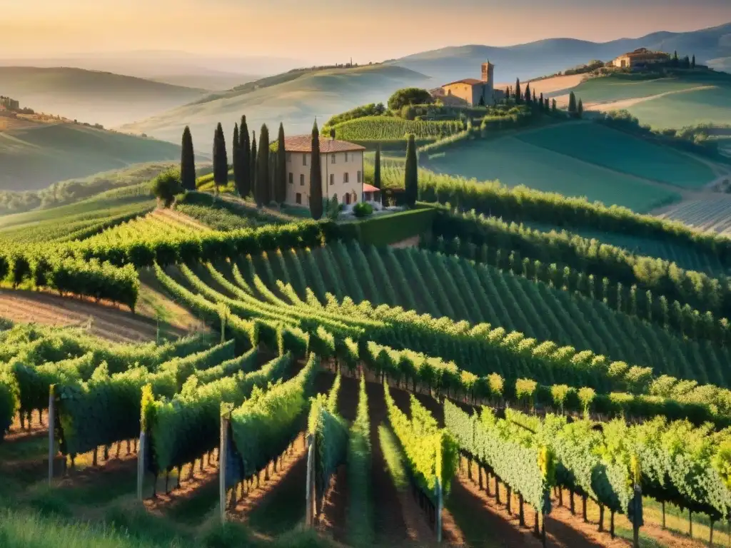 Un viñedo en la Toscana al atardecer, con filas de viñedos y una villa italiana al fondo