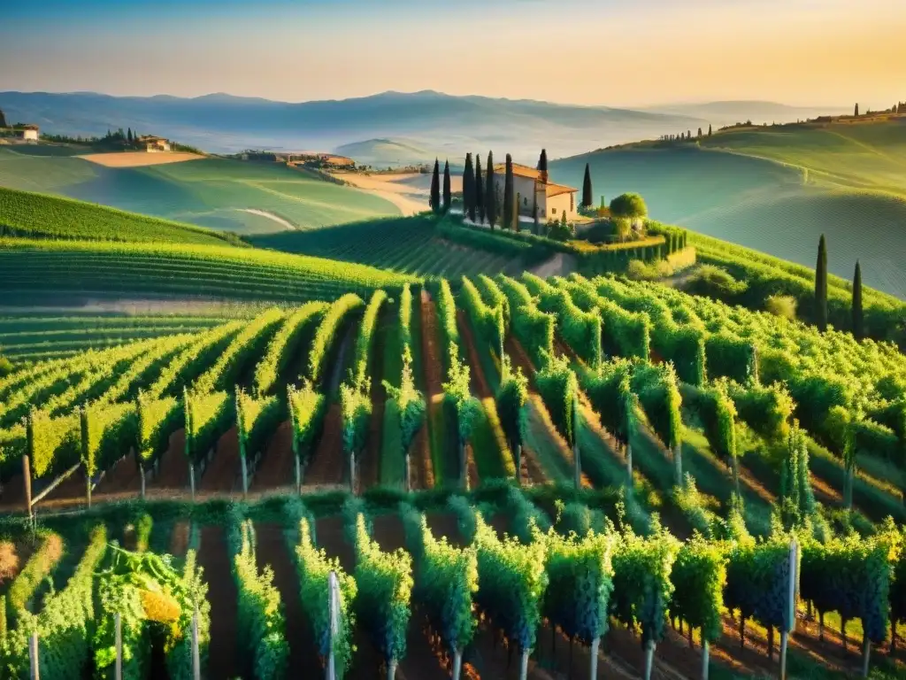 Viñedo en la Toscana al atardecer, con filas de uvas verdes bajo la luz dorada del sol poniente